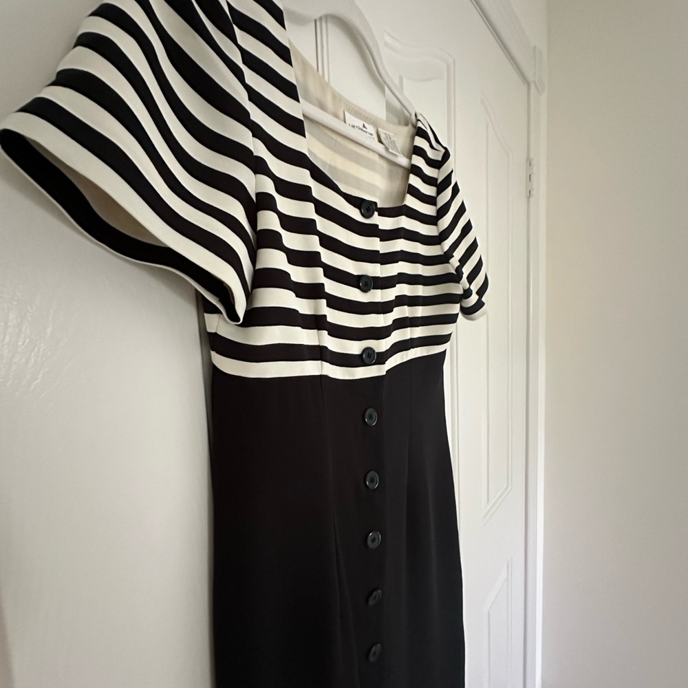 Liz Claiborne Vintage Striped Black and White Midi Button-Down Petite Dress
